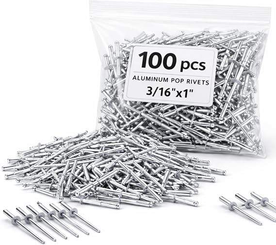100PCS Large Flange Aluminum Pop Rivets 3/16" x 1" Aluminum Boat Rivets Dome Body Blind Rivet Set for Sheet Steel Duct Work Marine Long Pop Rivets with Big Head Steel Mandrel