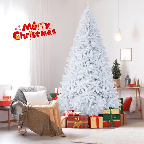 9FT White Christmas Tree, Artificial Xmas Tree with 2132 Branch Tips, Solid Metal Legs, Flocked Pine Christmas Tree Ideal for Home Office Party Holiday, Easy Assembly