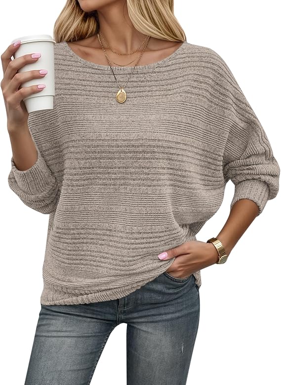 WNEEDU Women's Autumn Jumper Batwing Sleeves Thin Knitted Pullover Long Sleeves Ribbed Sweatshirt Elegant Autumn outfit winter jumper long-sleeved pullover sweatshirt ribbed sweater long sleeve shirt casual tops long jumper
