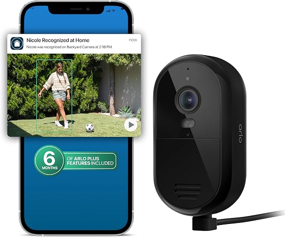 Arlo Essential Plug-in Security Camera 2K (3rd Gen) - 1-Cam + 6 Mo Plan | Wired surveillance camera, requires AC outlet; 16 ft cable; Color Night Vision; Intelligent Alerts; 6-mo Secure plan incl.