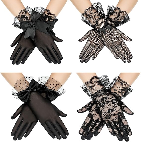 Geyoga 4 Pairs Lace Gloves Women Tea Party Vintage Elegant Short Glove for Halloween Dressy Women Wedding Hoiday Party