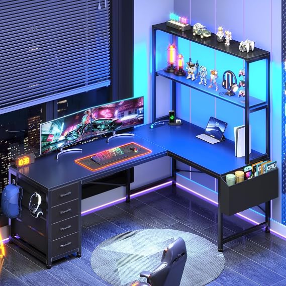 SEDETA L Shaped Gaming Desk, 51.2" Reversible Small Corner Desk with 4 Drawer, Power Outlet & LED Lights, Home Office Desk with Storage Shelves for Small Space, Black