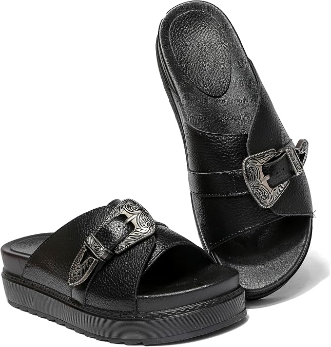 Women's Platform Mule Slides - Crisscross Strap Embellished Buckle Backless Chunky Sole Sandals for Casual Summer Wear