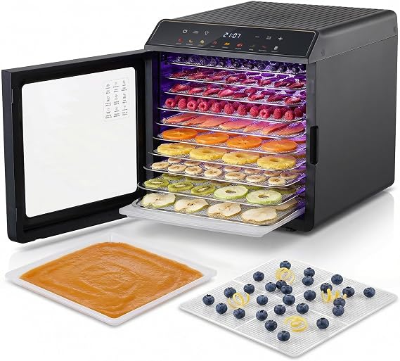 Elite Gourmet 10-Tray Food Dehydrator Machine, Digital Temp & Timer (95167F), Stainless Steel Trays, Jerky Maker, Fruit & Herb Dryer, Yogurt Maker, 48 Hour Timer, Mesh & Fruit Roll Trays, Black