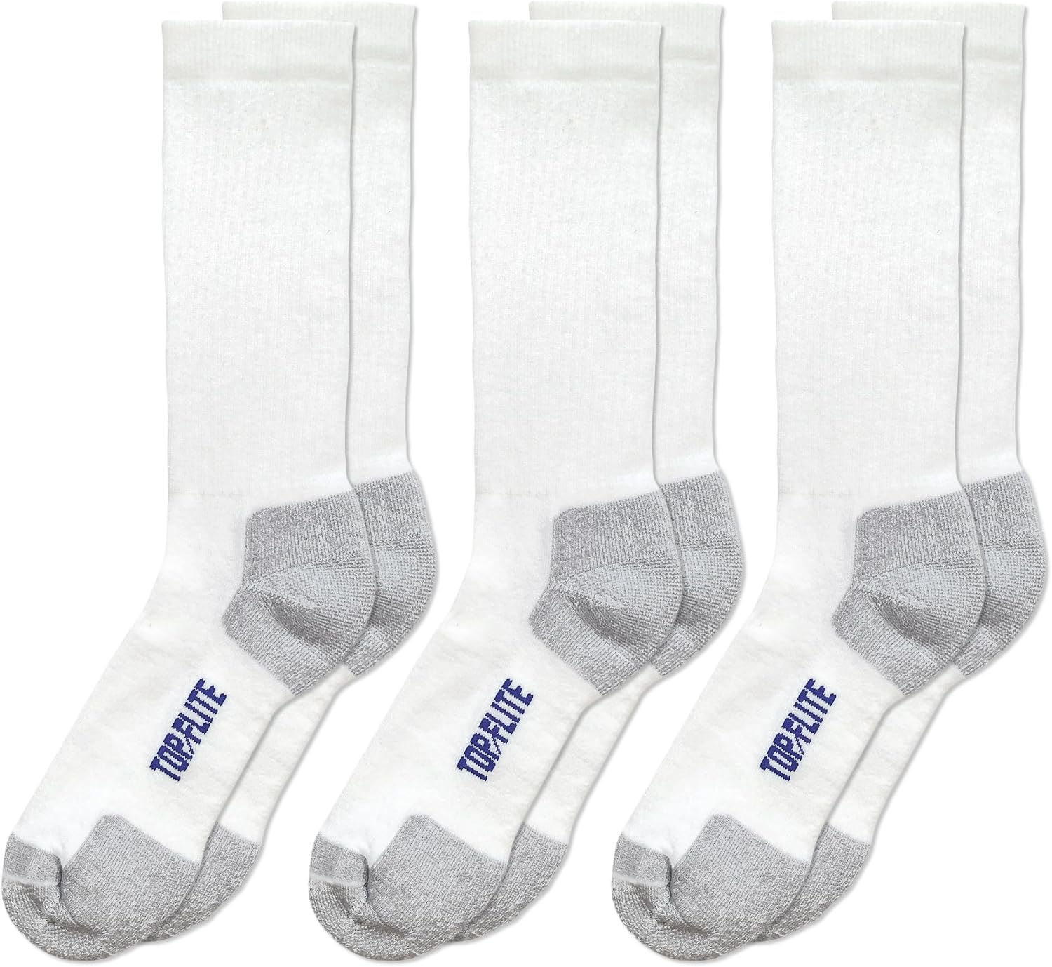 Top Flite Mens Coolmax Seamless Sport Ribbed Crew Socks 3 Pair Pack, WhiteGrey, Large
