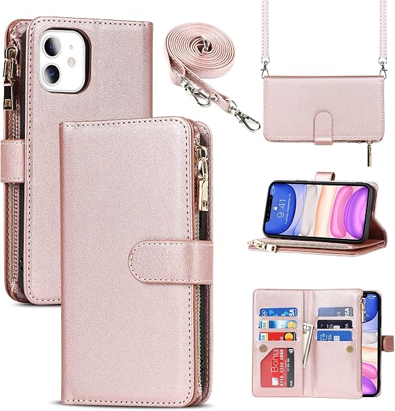 Crossbody Wallet for iPhone 11 Case with Strap,6.1",Rosegold | for Women Men,Credit Card Holder,9 Card Slots,Purse,Long Shoulder Lanyard,Short Wrist Strap,Zipper Pocket,PU Leather