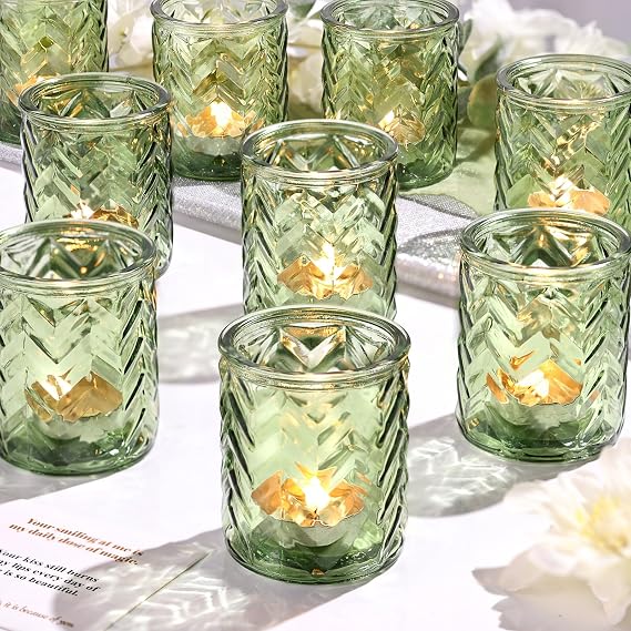 Green Glass Votive Candle Holders Set of 36, Wave Shape, Perfect for Holidays, Weddings, and Special Events