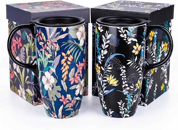 DUSVALLY Set of 2 Ceramic Travel Mugs with Lids, 17oz Floral Mug Set