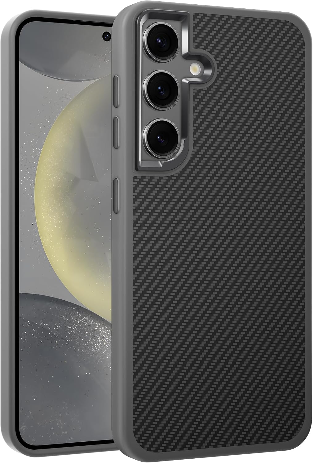 Teknoft Samsung Galaxy S24 için Karbon Serisi Ultra Güçlü Metal Tuşlu ve Lens Çerçeveli Darbe Emici Karbon Fiber Görünümlü Silikon Kılıf Gri, Galaxy S24