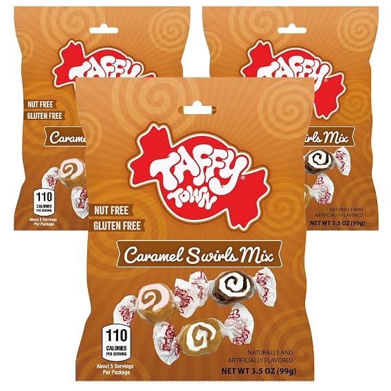 Salt Water Taffy Individually Wrapped Caramel Swirls Mix 3.5 oz Pack of 3 by Taffy Town | Gourmet Saltwater Taffy Candy Bulk Pack | Made in USA (Caramel Swirls)
