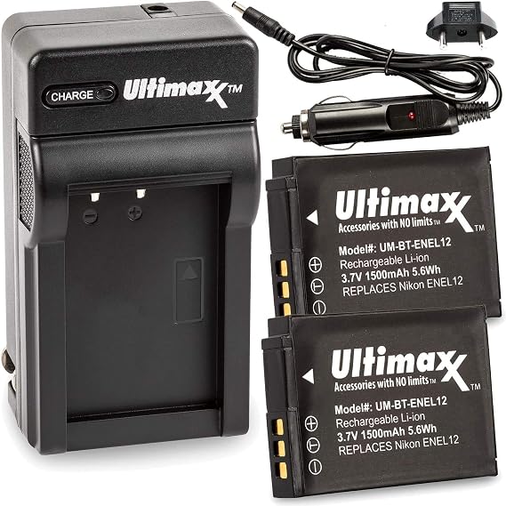 Ultimaxx Rapid Travel Charger & 2X EN-EL12 Battery (1500mAh) for Nikon COOLPIX A1000 B600 W300 A900 AW100 AW110 AW120 AW130 S6300 S8100 S8200 S9050 S9200 S9300 S9400 S9500 S9700 S9900 P330 P340 & More