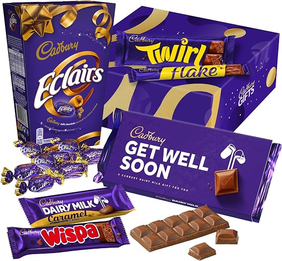 Cadbury "Get Well Soon" Chocolate Gift - Full Size Cadbury Chocolate Bars including Flake, Caramel, Twirl, Dairy Milk and More.