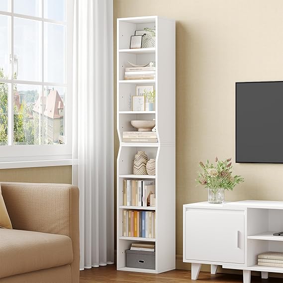 Hzuaneri Bookcase, Narrow Tall Bookshelf, 8-Tier Skinny Shelf