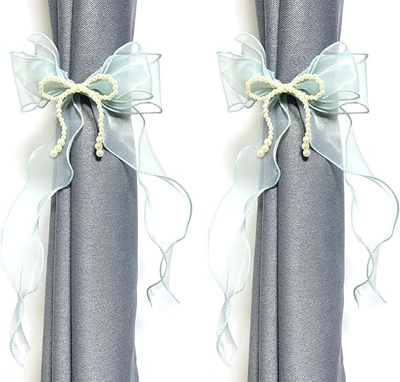 2 Pcs Gauze Curtain Tieback Silk Ribbon Bowknot Tie Back Clips Sweet Lace Curtain Holdbacks for Nursery Bedroom Decor Tassels Home Office Window Decorative Drapes (Celadon Green)