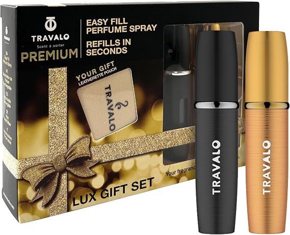 Travalo Lux Perfume Atomizer Gift Set Black & Gold - 2 Pc Leak-Proof, Airtight, Easy to Fill Mini Spray Bottles - Travel Size Perfume Refill Bottle with Polished Metal Alloy Outer Shell