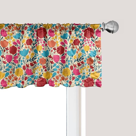 Ambesonne Colorful Window Valance, Silhouettes of Flowers in Lively Colors Garden Art Inspired by Spring Nature, Curtain Valance for Kitchen Bedroom Decor with Rod Pocket, 54" X 12", Red Aqua
