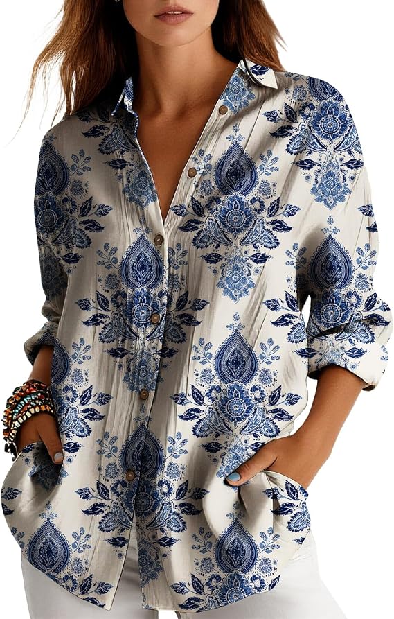 Button Down Shirts for Women 2025 Fall Trendy Long Sleeve V Neck Paisley Blouses Tops Vintage Baggy Floral Shirts