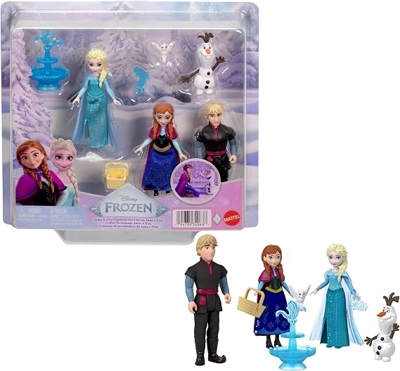 Mattel Disney Frozen Toys, Small Doll 4-Pack with Anna, Elsa, Kristoff & Olaf, Plus Fountain and 3 Storytelling Accessories, Inspired by Movie