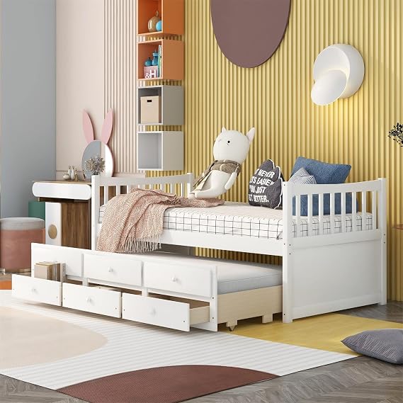 Twin Captains Bed with Trundle Bed, Wood Storage Daybed with 3 Storage Drawers, Wooden Platform Bed Great for Kids Guests Sleepovers, White