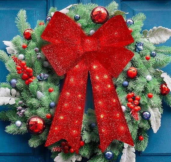 32" 72 LED Lighted Red Sparkly Bow Christmas Decoration