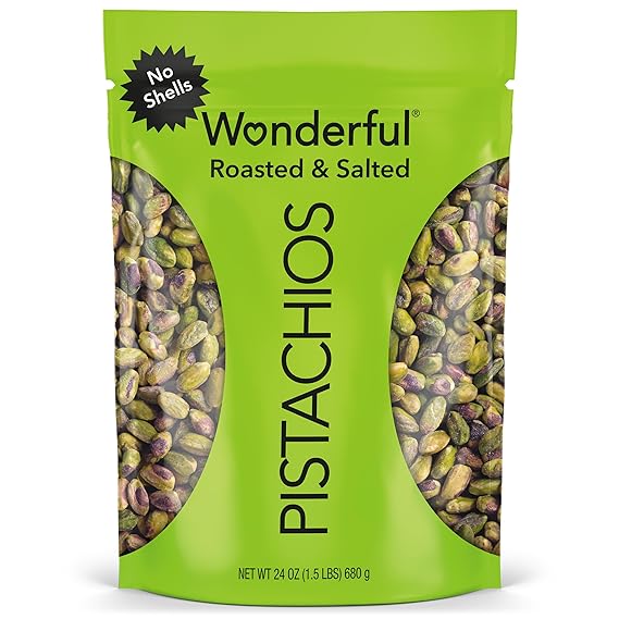Wonderful Pistachios No Shells, Roasted & Salted Nuts, 24 Ounce Resealable Bag, Protein Snacks, Gluten Free, Healthy Snack