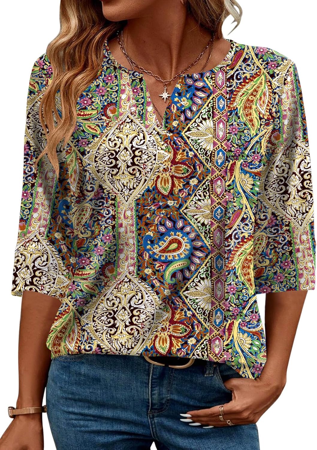 AKEWEI Womens V Neck 34 Sleeve T Shirts Summer Top Dressy Casual Basic Tees Shirt Tunic Blouses