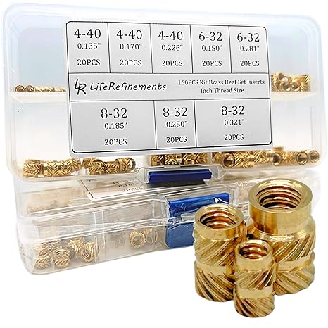 4-40 6-32 8-32 Threaded Inserts for Plastic (160pcs) Inch Heat Set Brass Inserts Standard English Thread Knurled Nut Insert Kit for 3D Printing, Electronics, Thermoplastics
