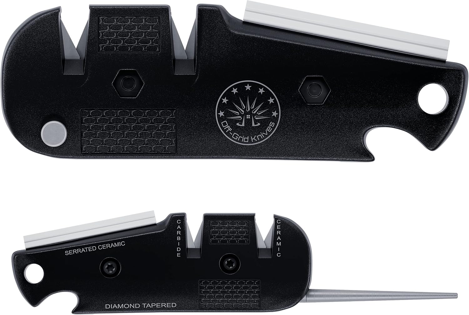 Off-Grid Knives - EDC Knife Sharpener, Compact 5-In-1 Sharpening Tool for Hunting, Camping, Fishing, Bug Out Bag, Tool Box, Kitchen Knives and Sharpen Fishing Hooks Black