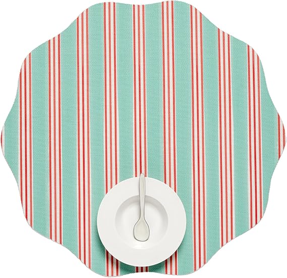 Meri Meri x Chilewich Festive Stripe Round Woven Placemats | 15" Scalloped-Edge Dining Table Mats, Reusable, Stain-Resistant, Indoor/Outdoor Tabletop Protection, Mint