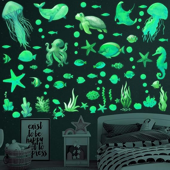 Ocean Fish Wall Decals Glow in the Dark Sea Wall Decal Beach Sticker(Green)