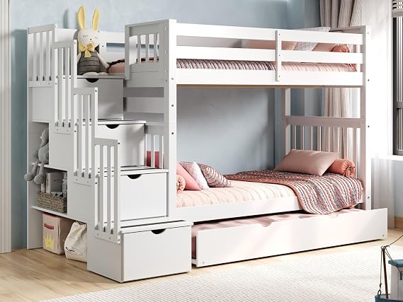 Bedz King Tall Stairway Bunk Beds Twin Over Twin, 4 Step Drawers, Twin Trundle, White