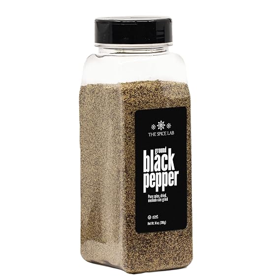 The Spice Lab Ground Black Pepper Grind in Reusable Plastic Jar Gourmet Black Pepper Ground Non-Irradiated 14oz Bulk Size Freshly Packed for Bold Flavor