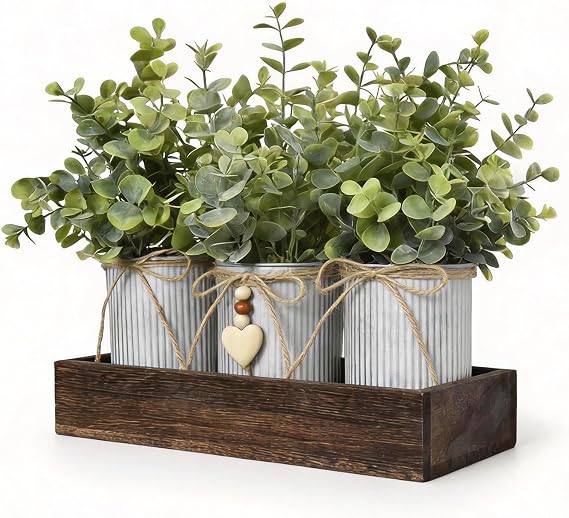 Artificial Eucalyptus Table Centerpiece with Wood Try and Metal Pots for Decoration, Rustic Farmhouse Faux Greenery Arrangements for Home Kitchen Coffee Table