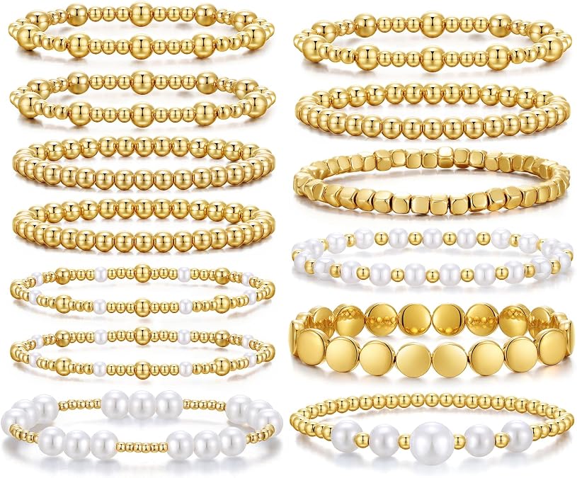 KISS WIFE Gold Beaded Bracelets for Women, Stackable Stretch Bracelet Set | 13 stretch bracelets combine polished gold-tone beads and faux pearls for stacked or individual everyday styling.