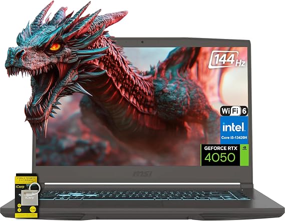 msi Thin 15.6" FHD 144Hz IPS Gaming Laptop, 13th Gen Intel Core i5-13420H, NVIDIA GeForce RTX 4050, 16GB RAM, 512GB SSD, WiFi 6, Backlit Keyboard, Cooler Boost, Win 11 w/ICP Hub