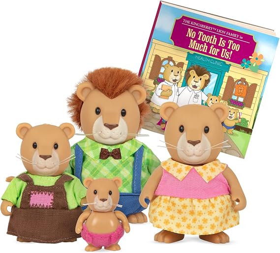 Li'l Woodzeez Kingsberry Lion Family Animal Figurines with Storybook | Includes 4 poseable lion characters and 1 storybook; outfit swapping with Honeysuckle Hollow characters, Playsets; 3+ Years