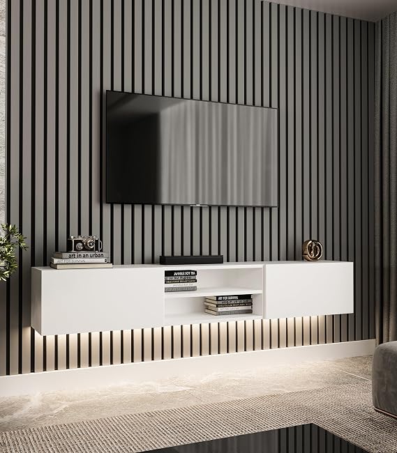 Volar TV Ünitesi Işıklı, Beyaz, 180 cm, Modern