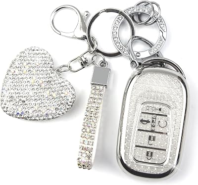 Key Fob Cover with Diamond Keychain Car Key Holder Case Compatible with Honda 2023 2024 Accord Civic HRV CRV Pilot Smart Remote Key Protector for Women 5 Buttons, Silver-Heart
