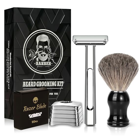 Dual-Blade Safety Razor Set With Magnetic Head & 110 Blades, Shave Brush & Razor Stand - Precision Shaving, Reusable & Plastic-Free Shaver, for Beard, Head, Leg Shaving for Men Women - Pro Max Silver