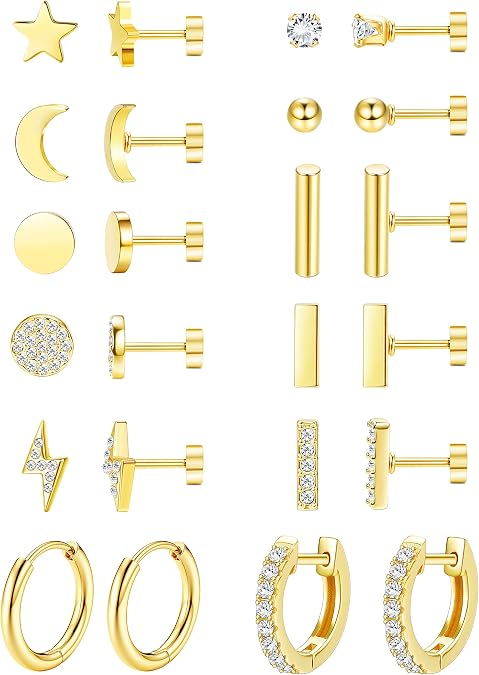 FASACCO 12Pairs Flat Back Earrings for Women Men Hypoallergenic 14K Gold Plated Stainless Steel Flatback Stud Small Huggie Hoop Earrings 20G Tiny Gold Stud Earring Sets for Multiple PIercing