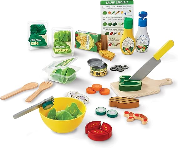 Melissa & Doug Slice and Toss Salad 52-Piece Toy Food Set & Montessori-Inspired Play Kitchen Accessories, Preschool Learning Toys for Girls & Boys 3+