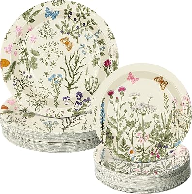 Mumufy 100 Pack Floral Paper Plates 9 & 7 Disposable Wildflower Dessert Plates Green Watercolor Dinner Tableware Floral Party Decoration for Wedding Birthday Baby Shower Garden Tea Party Supplies