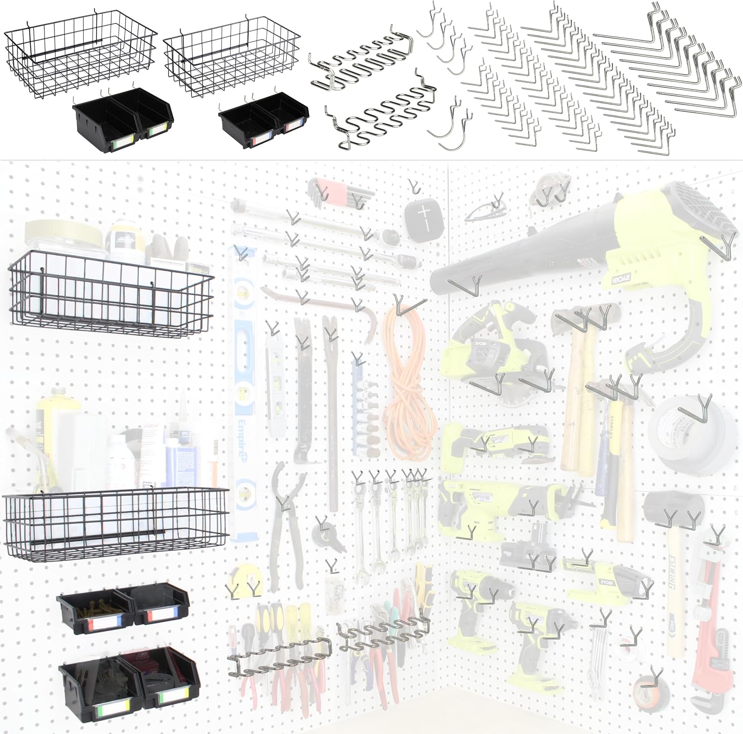 Peg Board Hooks for Hanging Tools with Bins and Baskets – Tool Organization Accessories Kit – Organizer Set of 1 inch, 2 inch, 4 inch L Hooks, J Hook, Pliers Rack, Screwdriver Holder