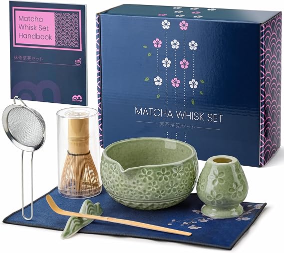 7Pcs Matcha Whisk Set, Ceramic Matcha Bowl with Spout,Bamboo Whisk and Holder, Bamboo Scoop,Scoop Rest,Sifter and Tea Towel,Matcha Kit w/Carved Cherry