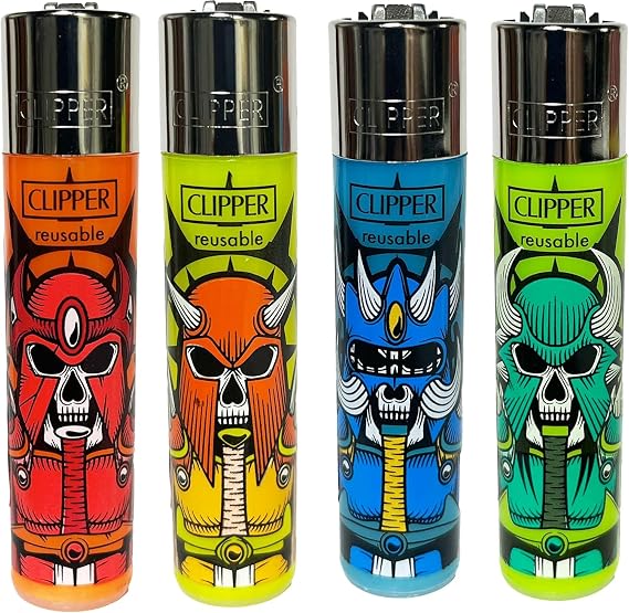 Clipper Reusable Lighters - 4 Pack - Skulls Mix 1 Design