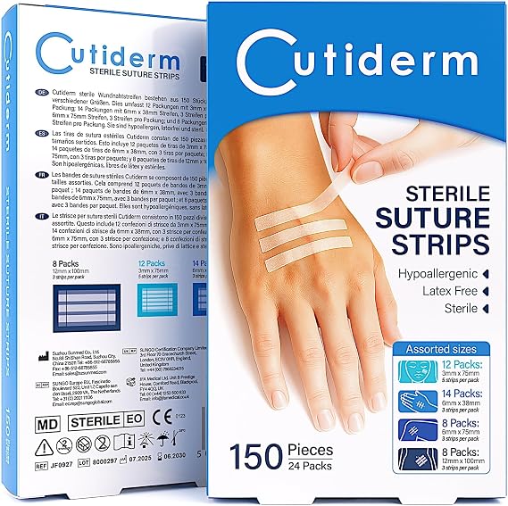 Cutiderm Sterile Skin Wound Closure Suture Strips, 4 Sizes - 150 Strips
