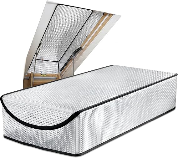 Attic Stairway Insulation Cover – 25” x 54” x 11” Reflective Pull Down Tent with Zipper – Energy-Efficient Attic Ladder Cover for Heat Barrier and Dust Protection