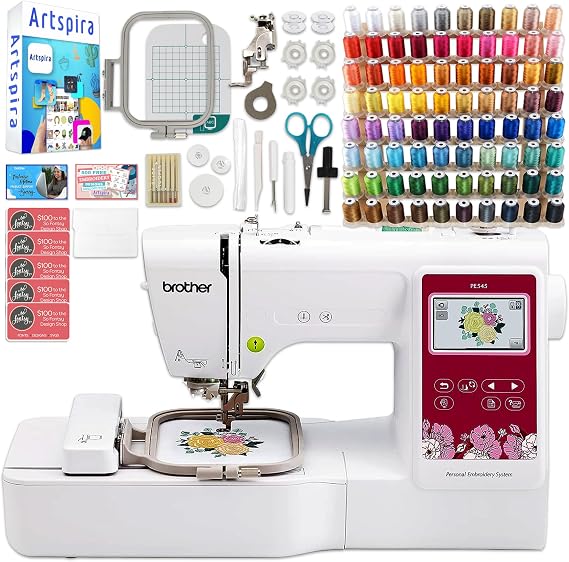 Brother PE545 4" x 4" Embroidery Machine with Accessories Kit, Deluxe 80 Embroidery Spools & Artspira Design Software App