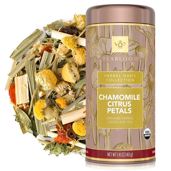 Teabloom Organic Herbal Tea, Chamomile Citrus Petals Loose Leaf Tea, Relaxing Chamomile Blend, USDA and EU Certified Organic, Fresh Whole Leaf in Reusable Gift Canister, 1.41 oz/40 g Canister Makes 35-50 Cups