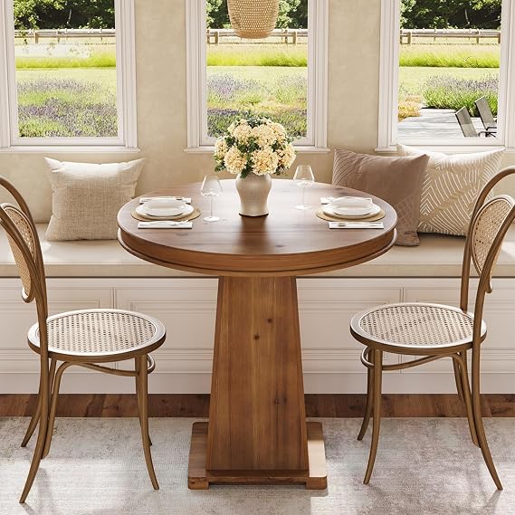 LITTLE TREE Solid Wood Round Dining Table, 31.5" Small Kitchen Table for 2, Modern Farmhouse Dinner Table for Dining Room, Kitchen, Living Room, Artistic Geometric Base, Table Only (Rustic Brown)